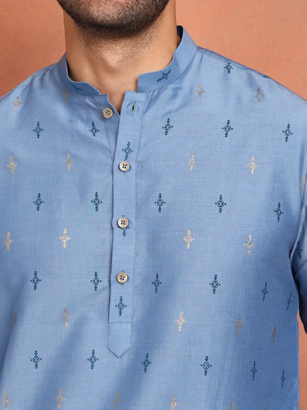 Men Blue Cotton Silk Straight Kurta