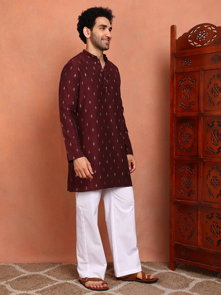 Men Maroon Cotton Silk Straight Kurta