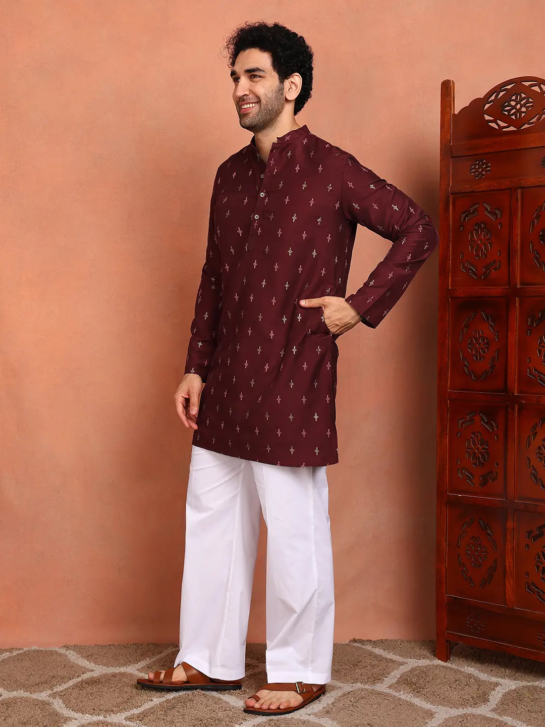 Men Maroon Cotton Silk Straight Kurta