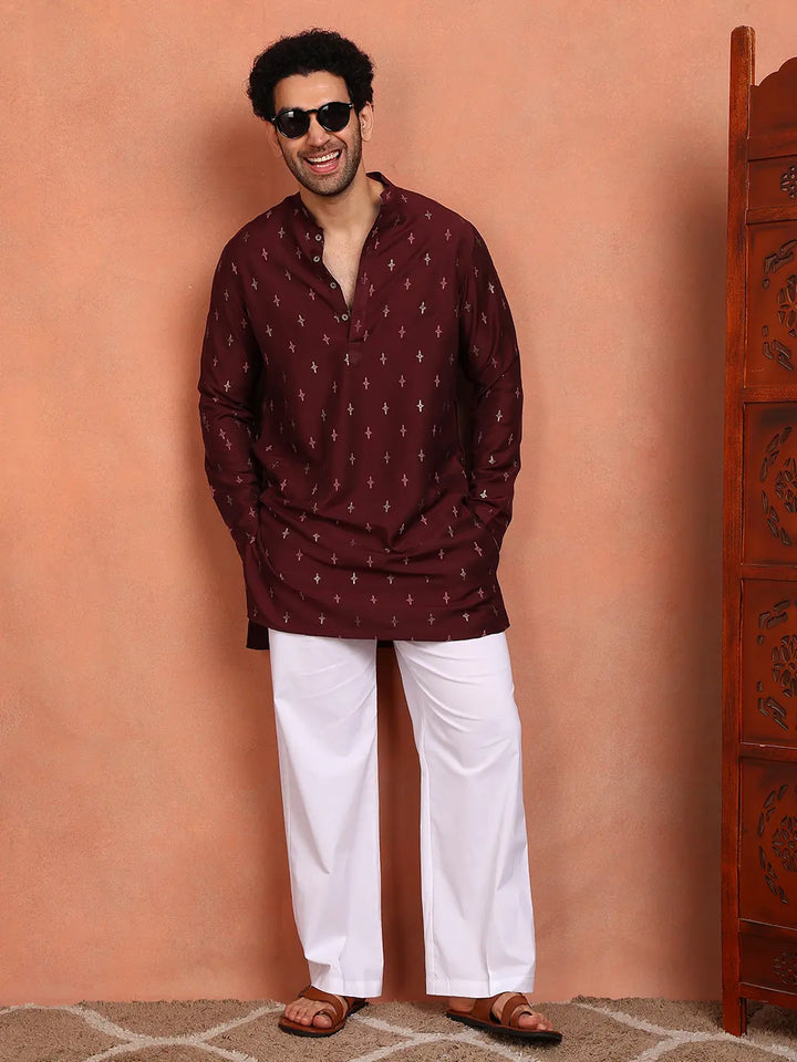 Men Maroon Cotton Silk Straight Kurta