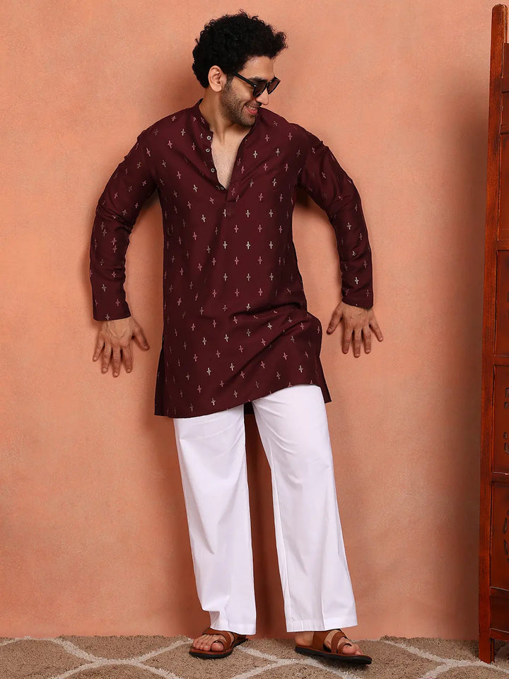 Men Maroon Cotton Silk Straight Kurta