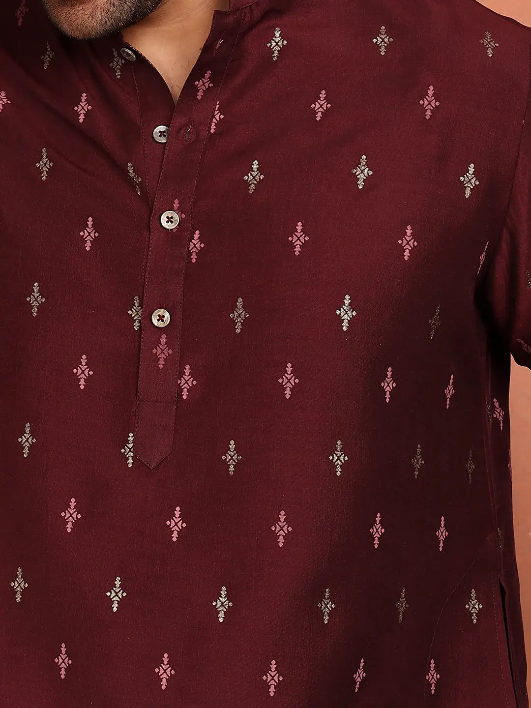 Men Maroon Cotton Silk Straight Kurta
