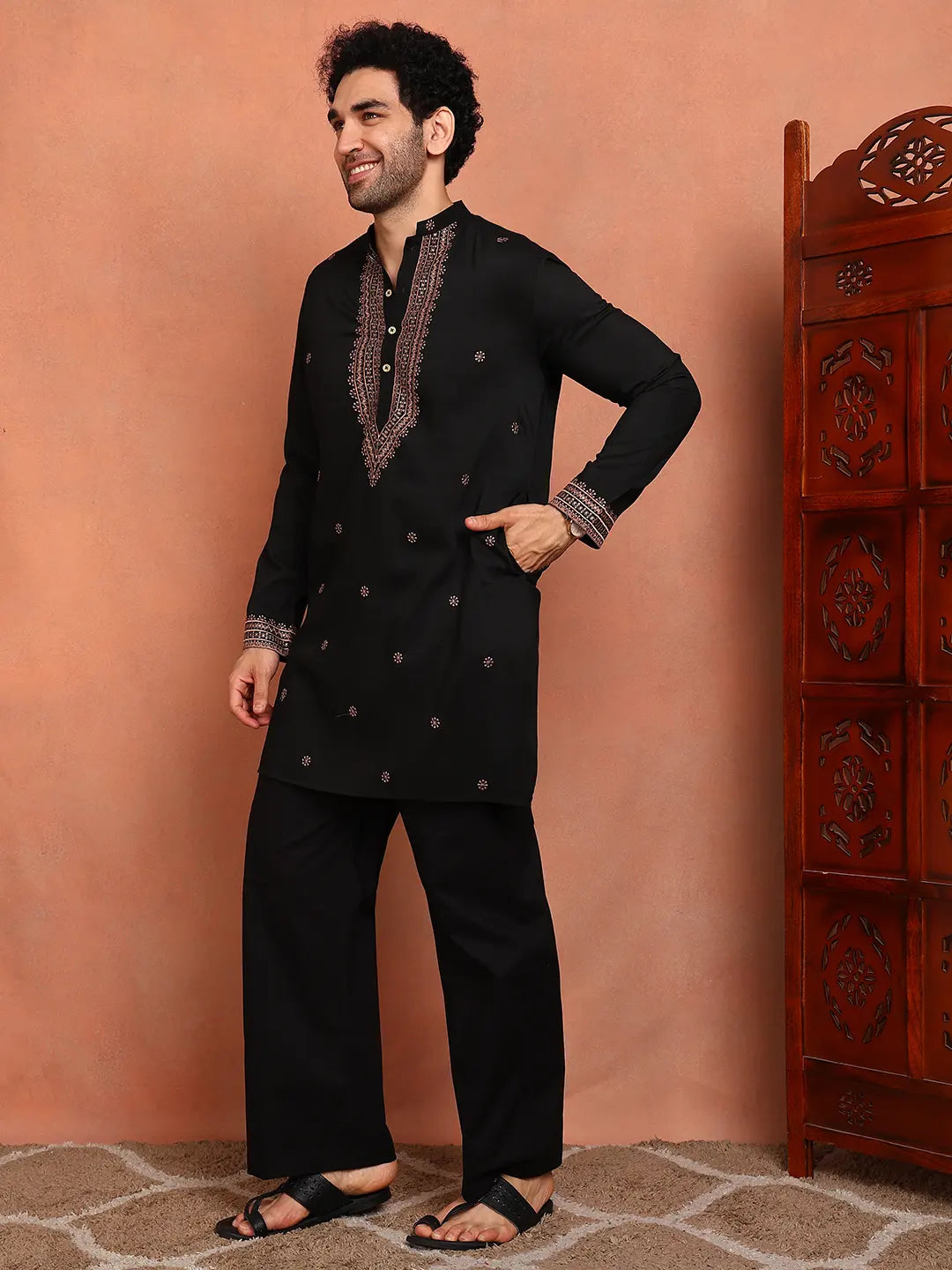 Men Black Cotton Silk Embroidered Thread Work Kurta
