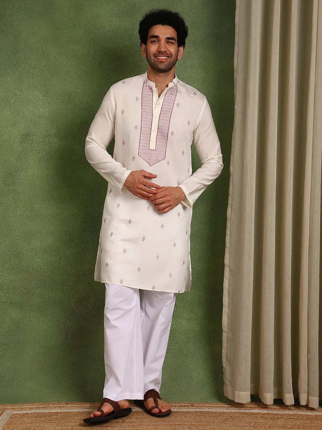 Men Off-White Cotton Silk Straight Kurta