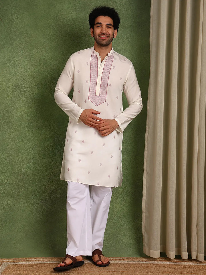 Men Off-White Cotton Silk Straight Kurta