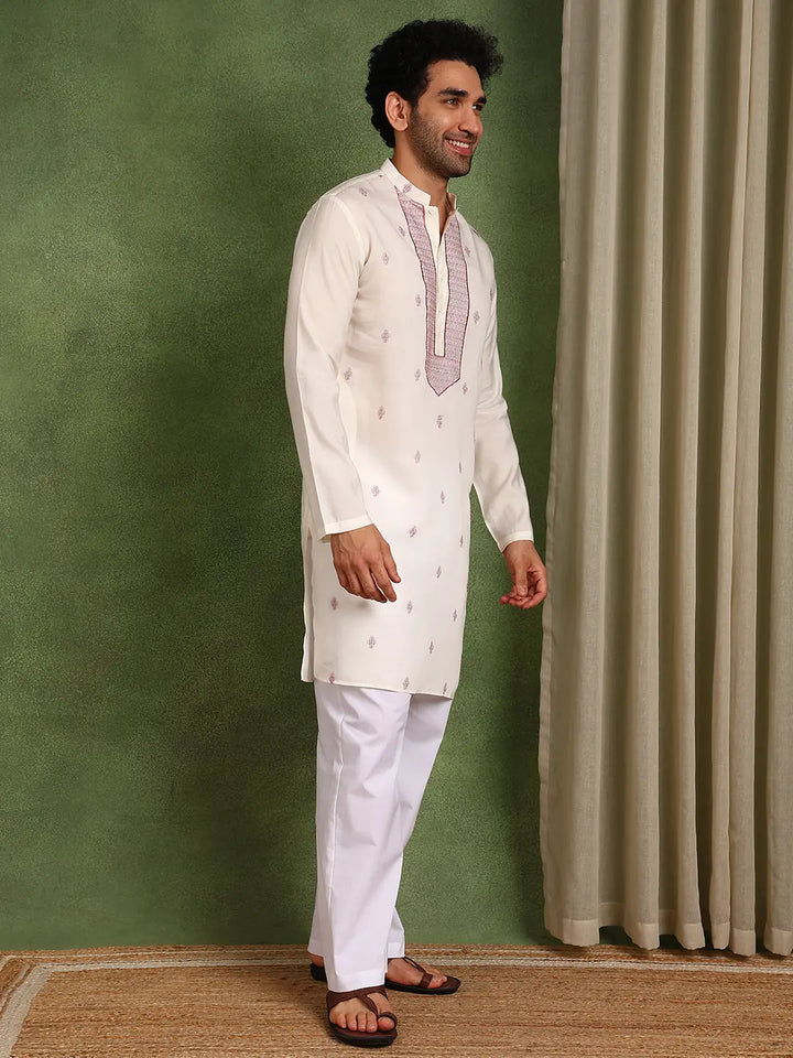 Men Off-White Cotton Silk Straight Kurta