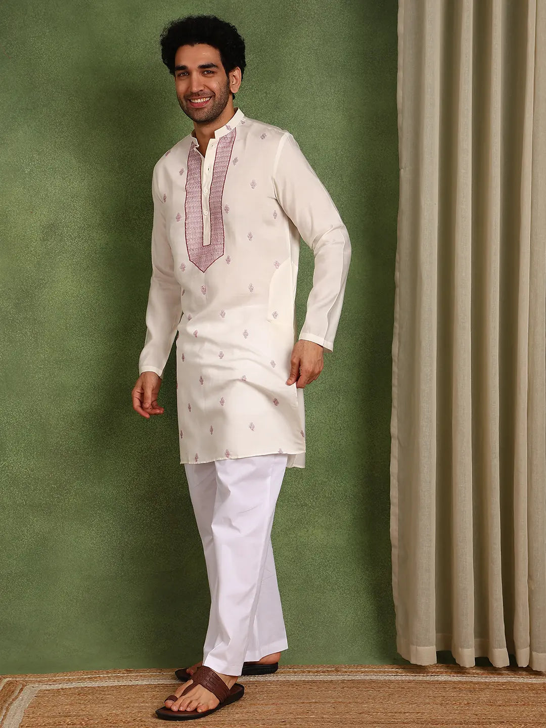 Men Off-White Cotton Silk Straight Kurta