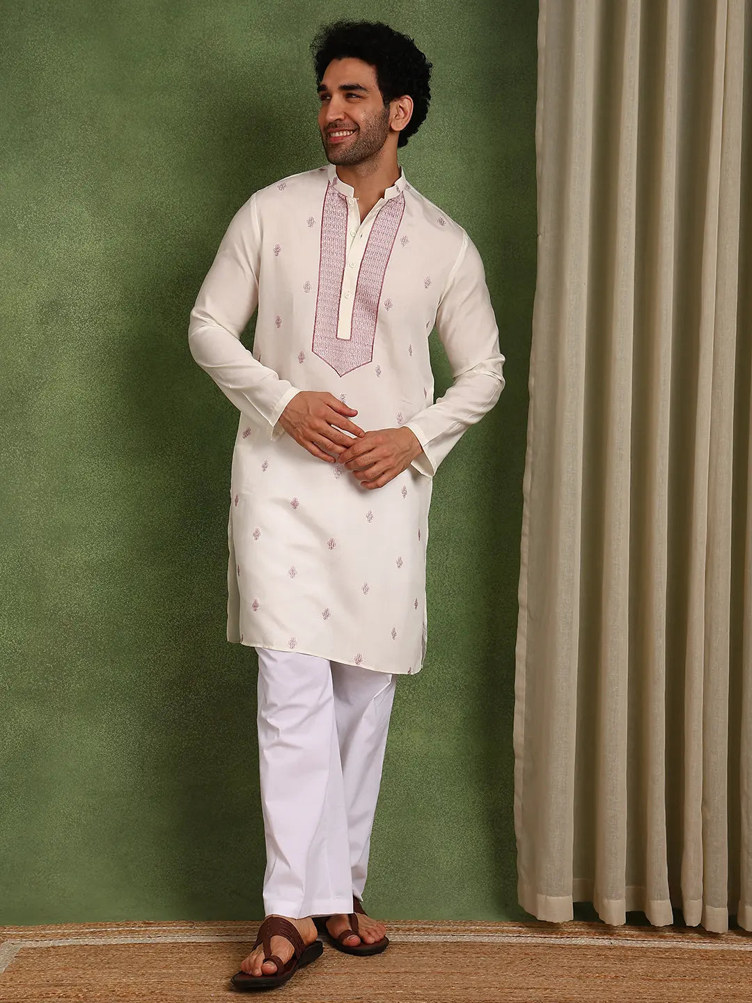 Men Off-White Cotton Silk Straight Kurta