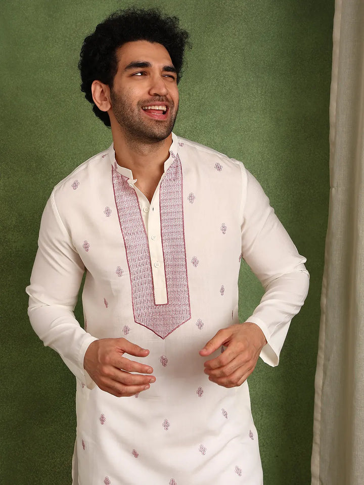 Men Off-White Cotton Silk Straight Kurta
