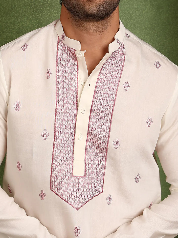Men Off-White Cotton Silk Straight Kurta