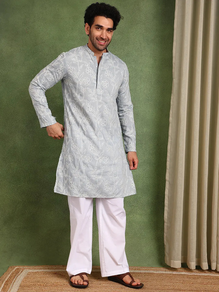 Men Grey Embroidered Cotton Silk Straight Kurta