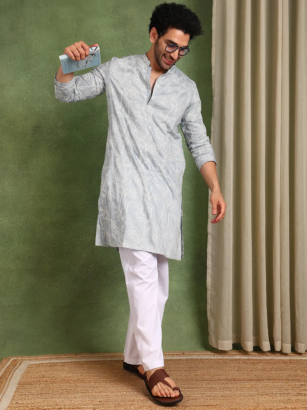 Men Grey Embroidered Cotton Silk Straight Kurta