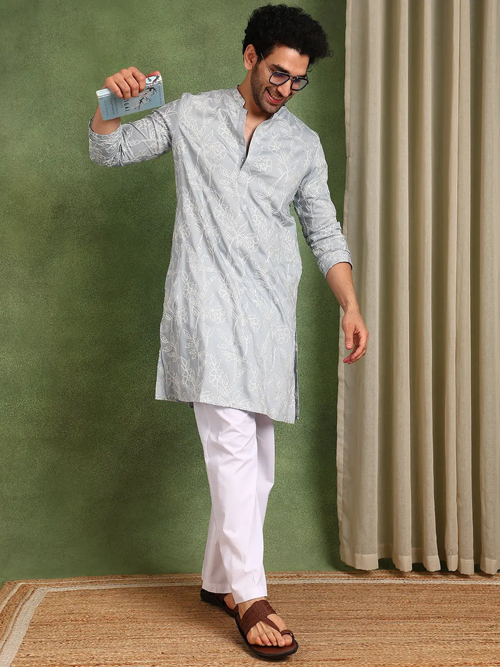 Men Grey Embroidered Cotton Silk Straight Kurta