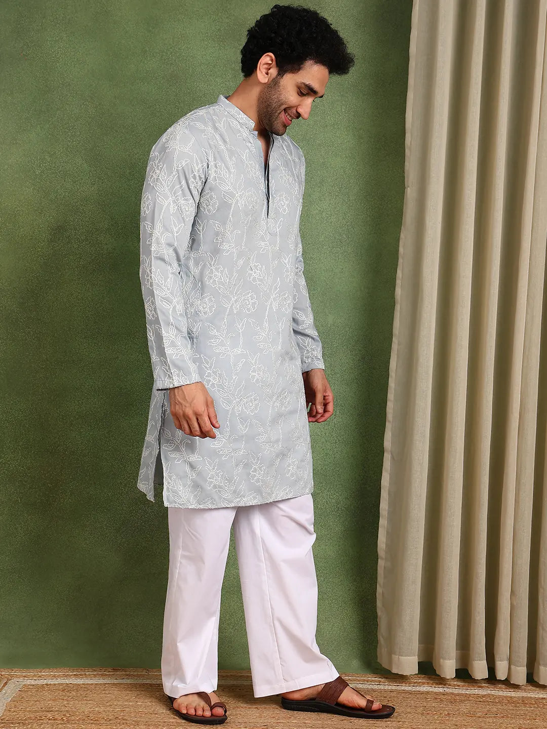 Men Grey Embroidered Cotton Silk Straight Kurta