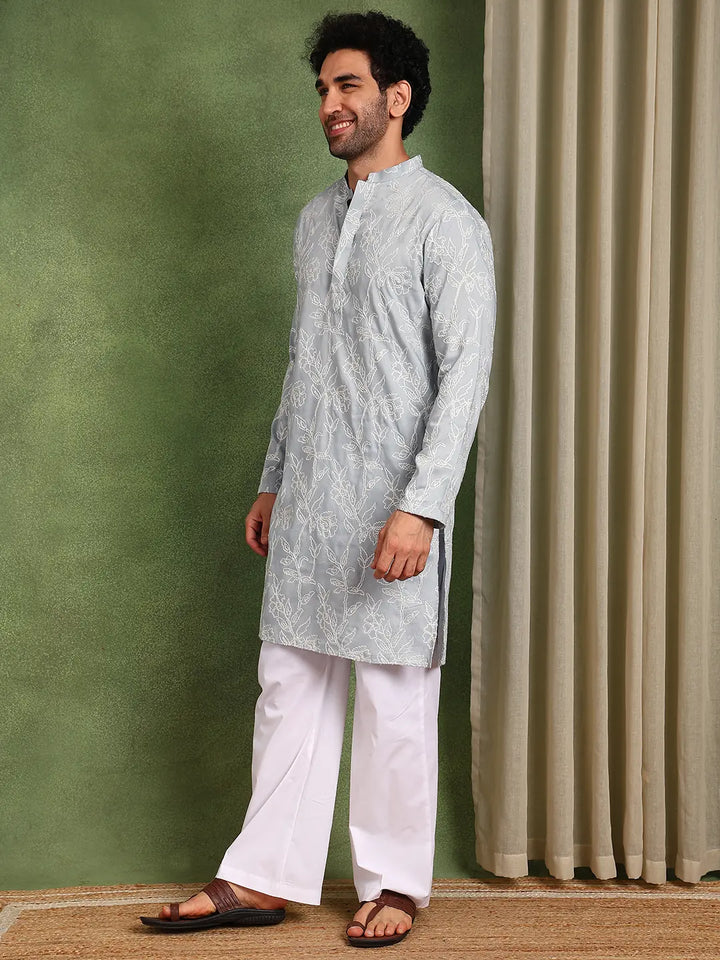 Men Grey Embroidered Cotton Silk Straight Kurta