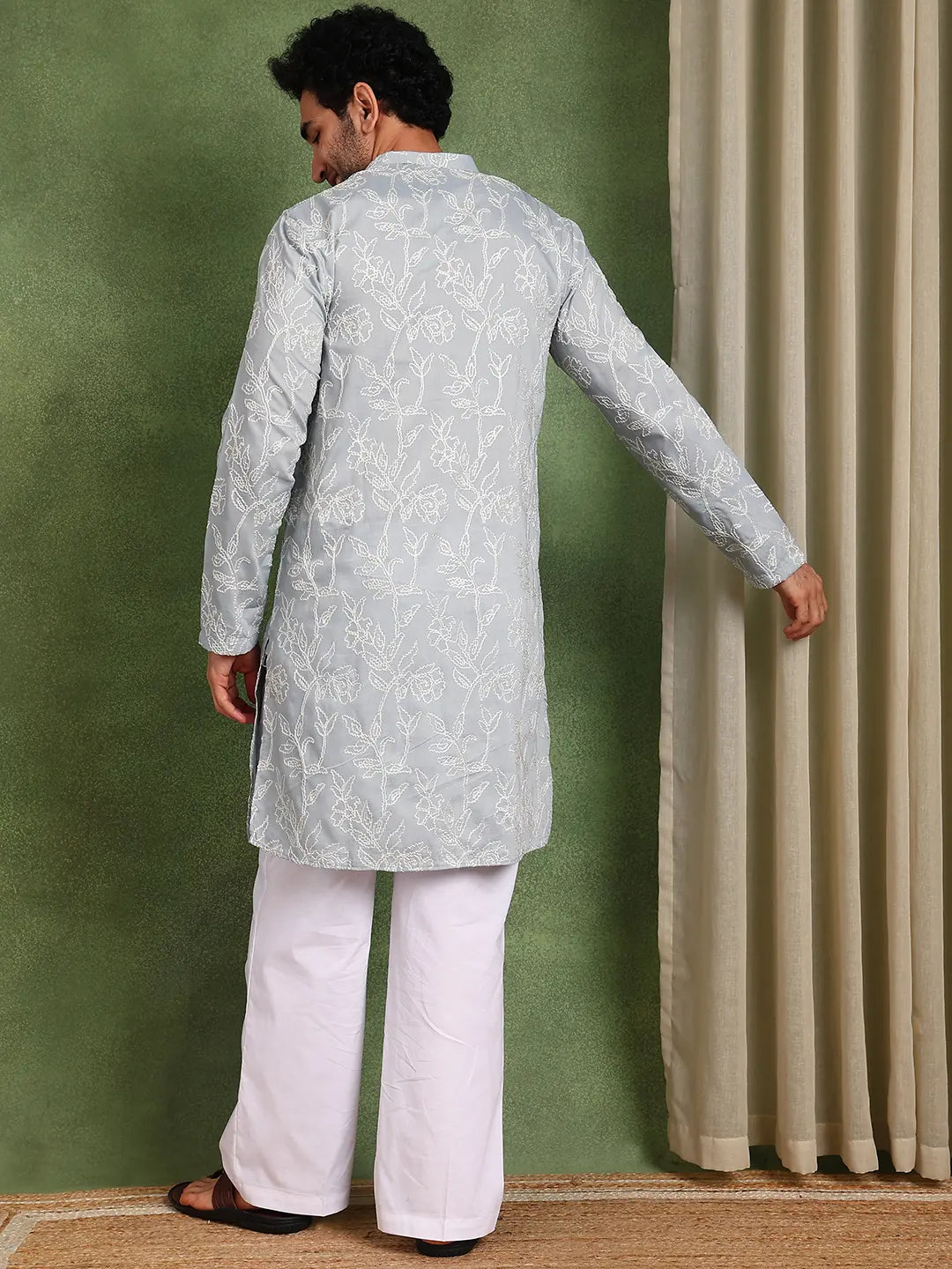 Men Grey Embroidered Cotton Silk Straight Kurta