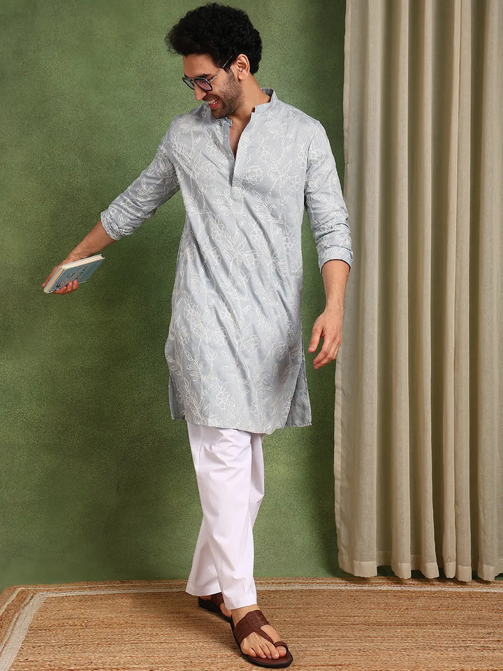 Men Grey Embroidered Cotton Silk Straight Kurta
