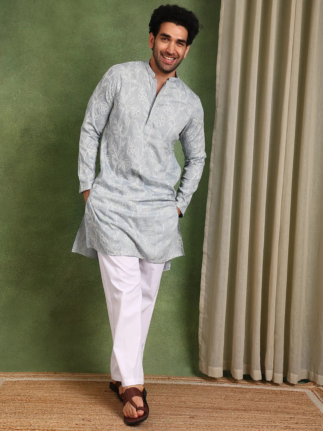 Men Grey Embroidered Cotton Silk Straight Kurta
