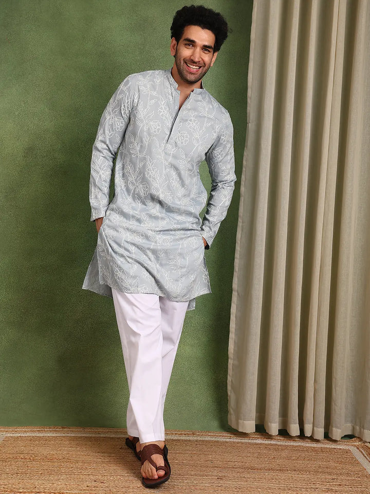 Men Grey Embroidered Cotton Silk Straight Kurta