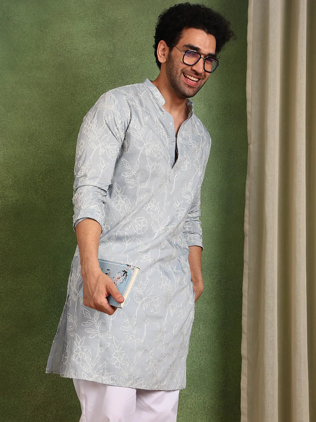 Men Grey Embroidered Cotton Silk Straight Kurta