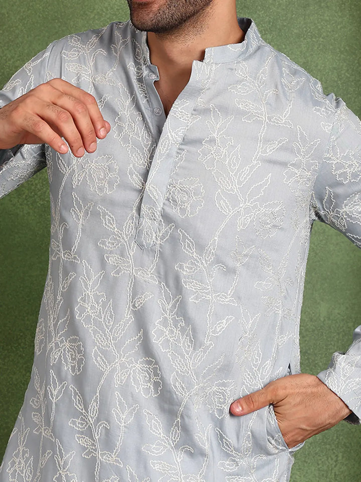 Men Grey Embroidered Cotton Silk Straight Kurta