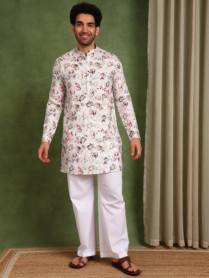 Men Off-White Cotton Straight Woven Design Kurta