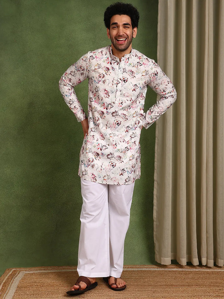 Men Off-White Cotton Straight Woven Design Kurta