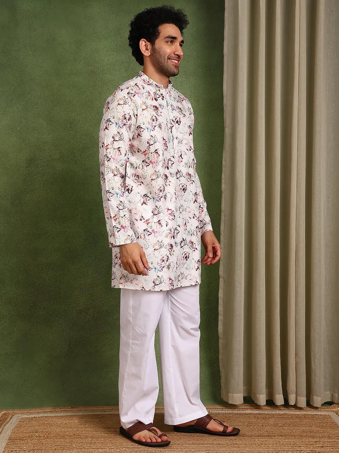 Men Off-White Cotton Straight Woven Design Kurta