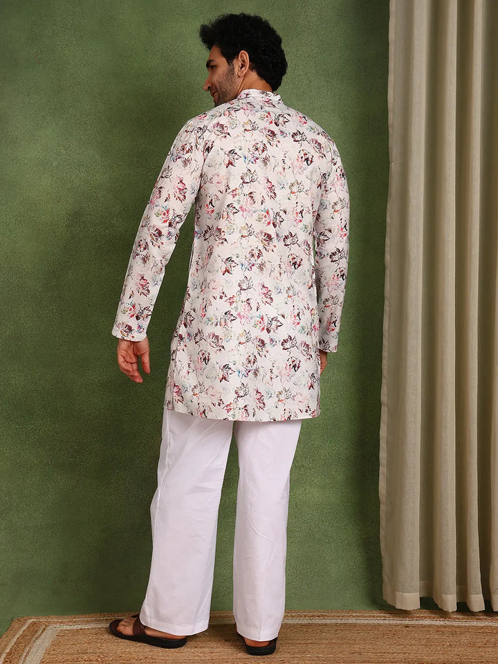 Men Off-White Cotton Straight Woven Design Kurta