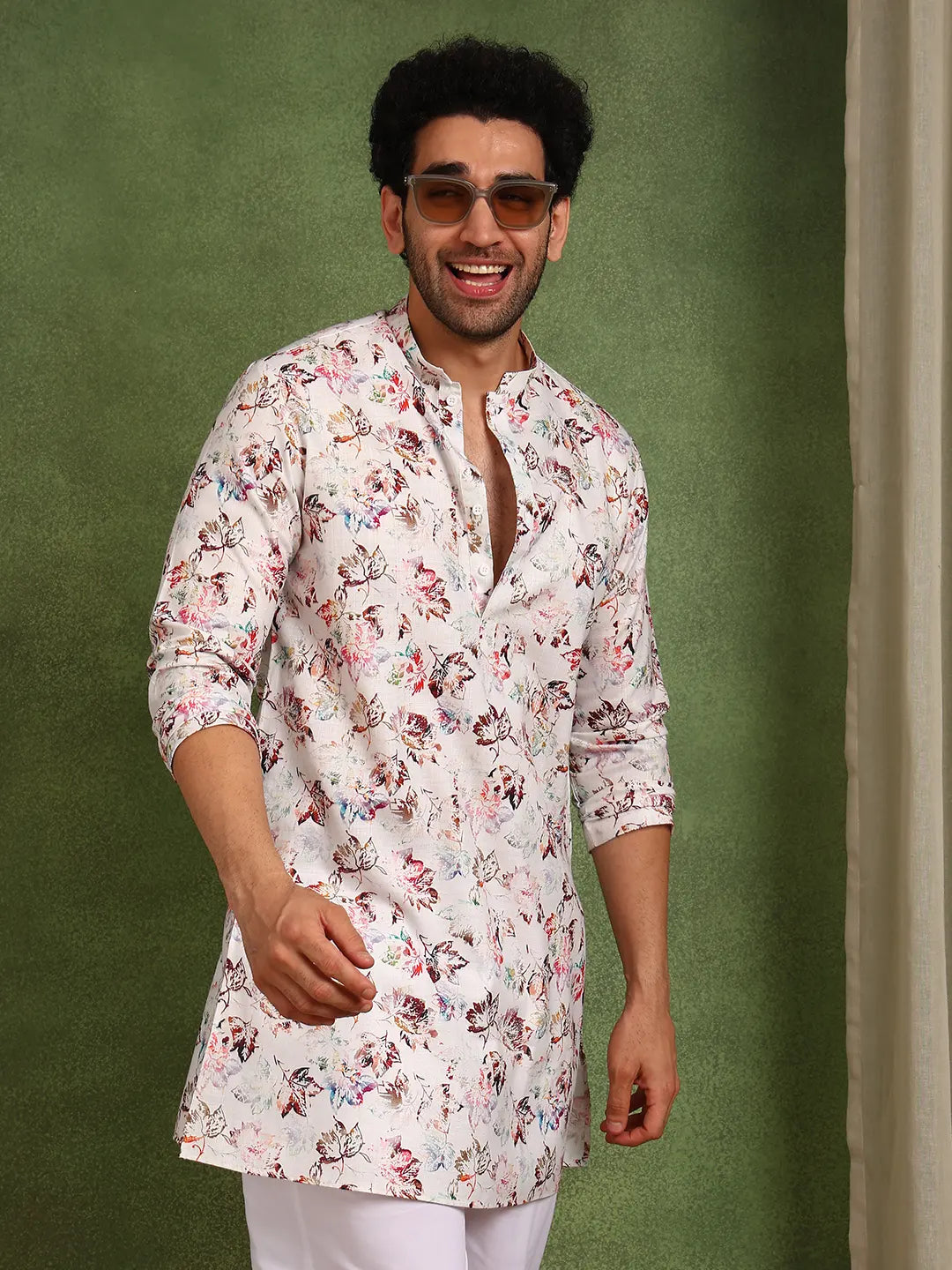 Men Off-White Cotton Straight Woven Design Kurta