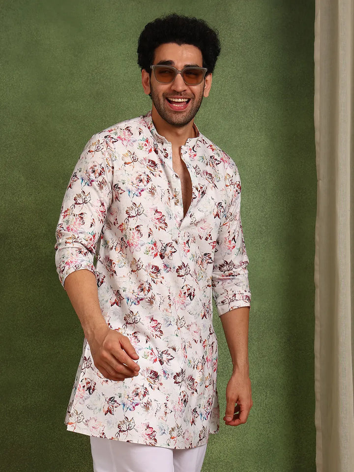 Men Off-White Cotton Straight Woven Design Kurta