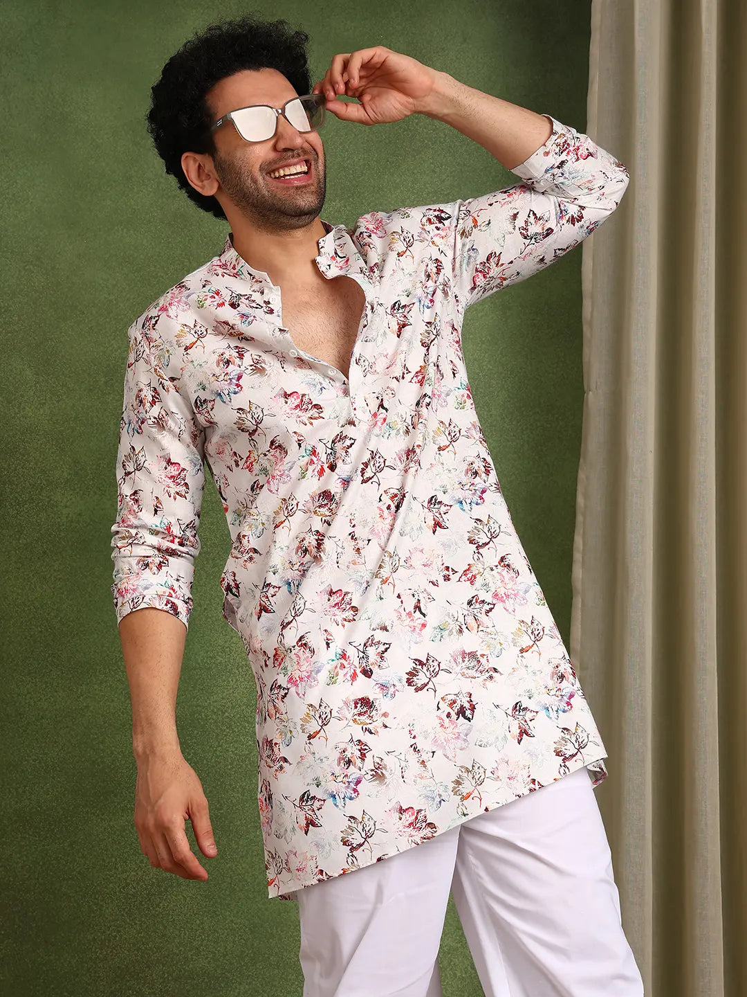 Men Off-White Cotton Straight Woven Design Kurta
