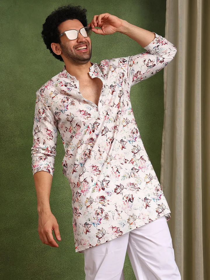 Men Off-White Cotton Straight Woven Design Kurta