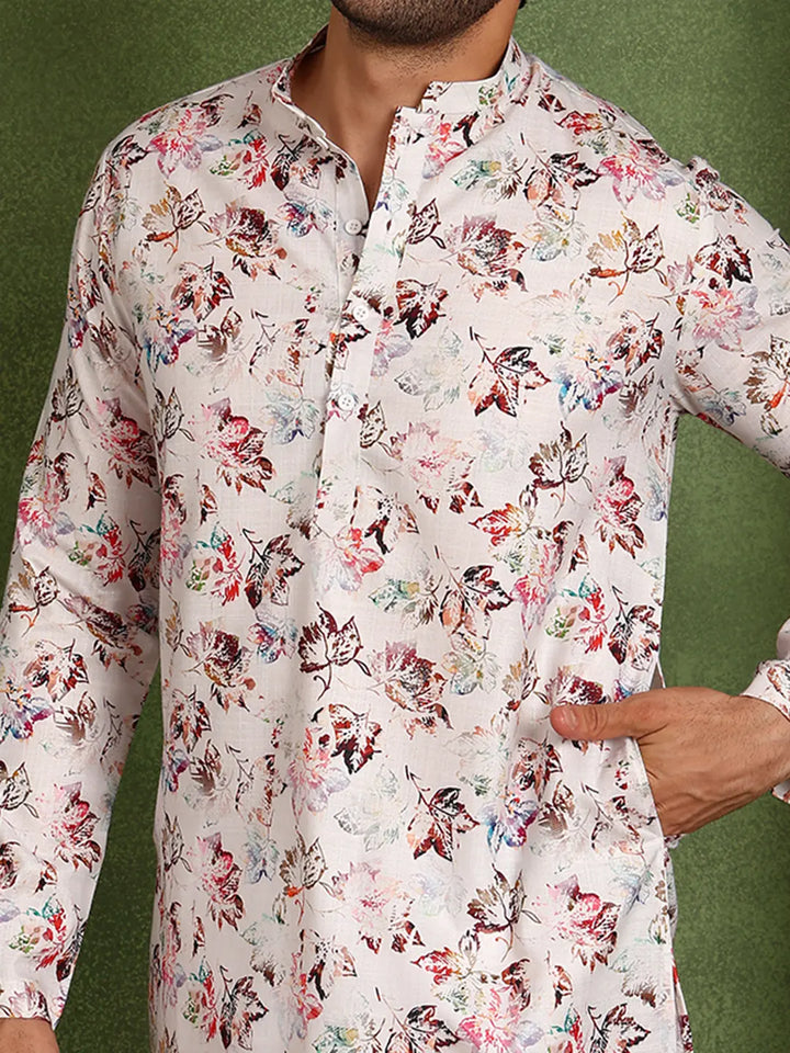 Men Off-White Cotton Straight Woven Design Kurta