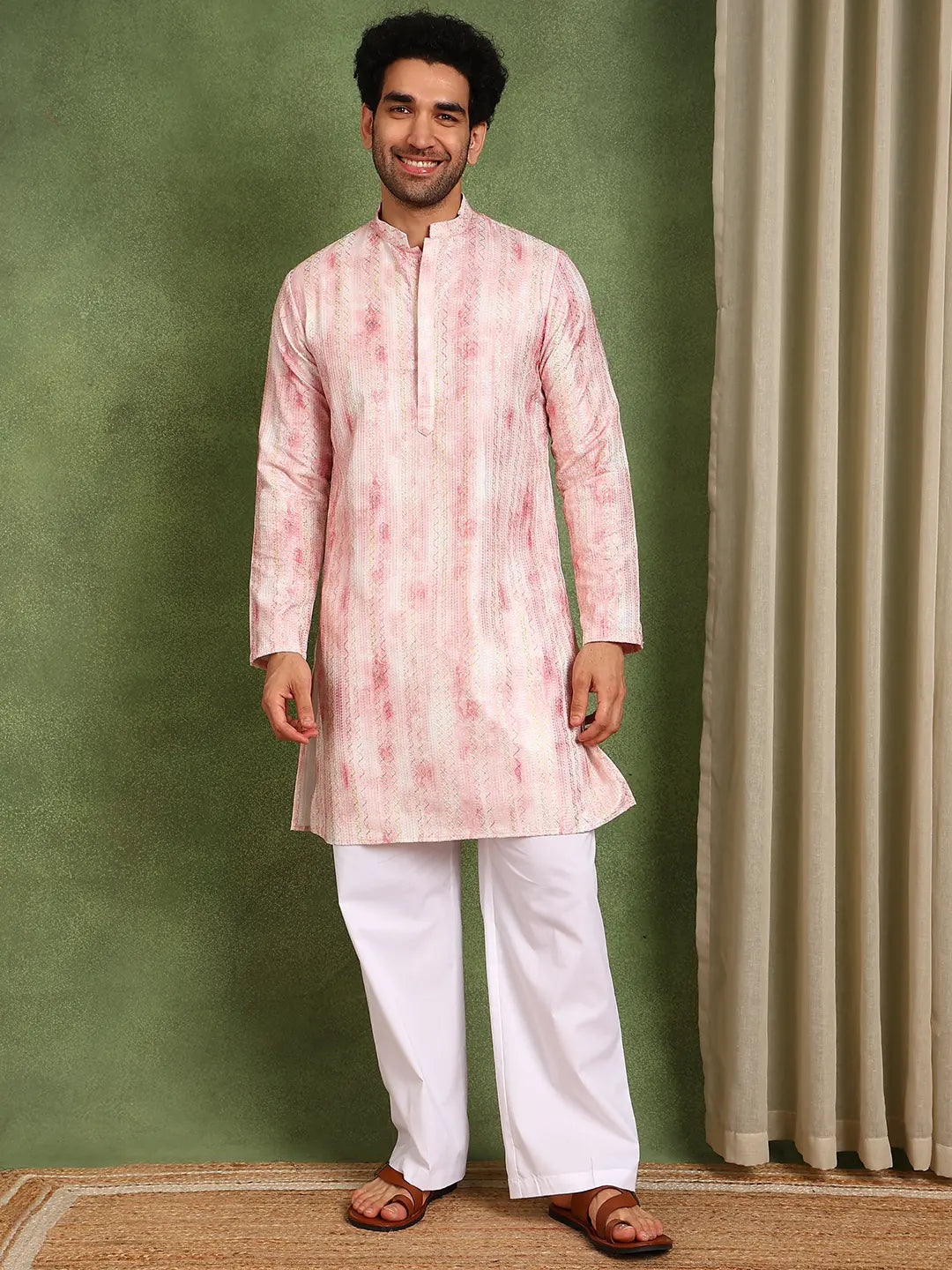 Men Pink Chanderi Silk Straight Printed Kurta