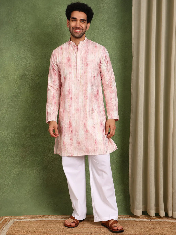 Men Pink Chanderi Silk Straight Printed Kurta