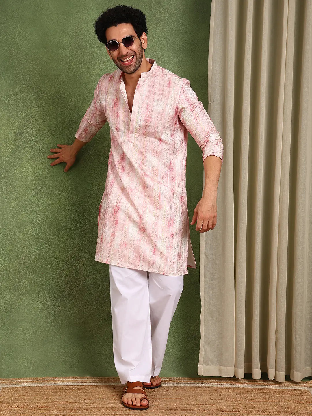 Men Pink Chanderi Silk Straight Printed Kurta