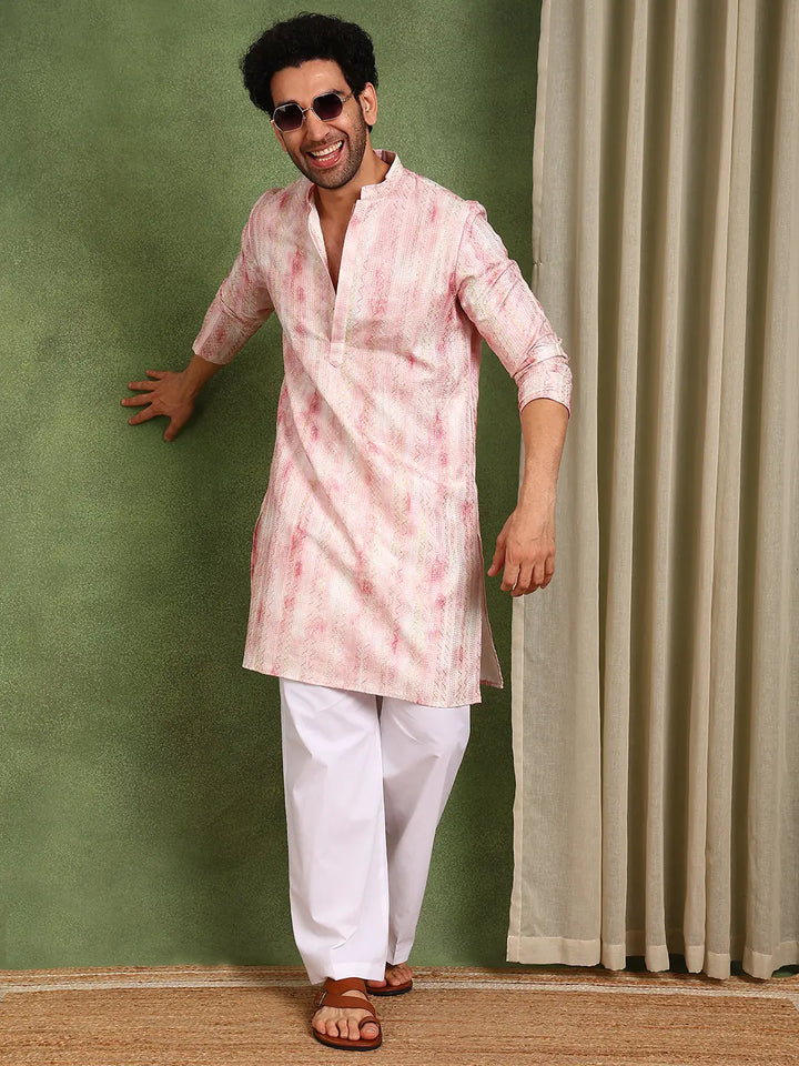 Men Pink Chanderi Silk Straight Printed Kurta