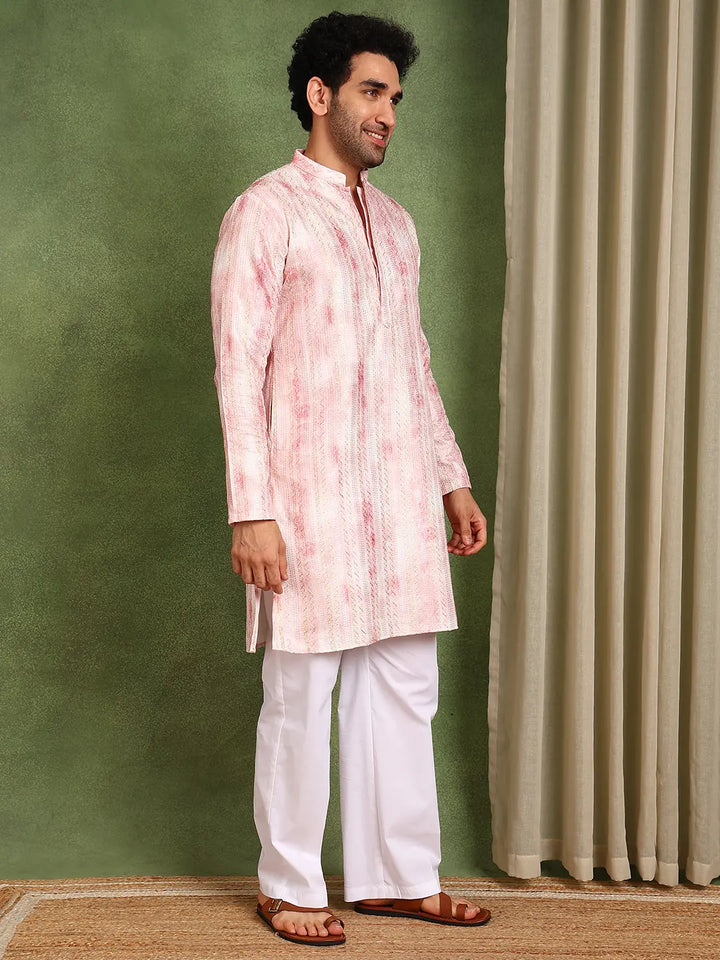 Men Pink Chanderi Silk Straight Printed Kurta
