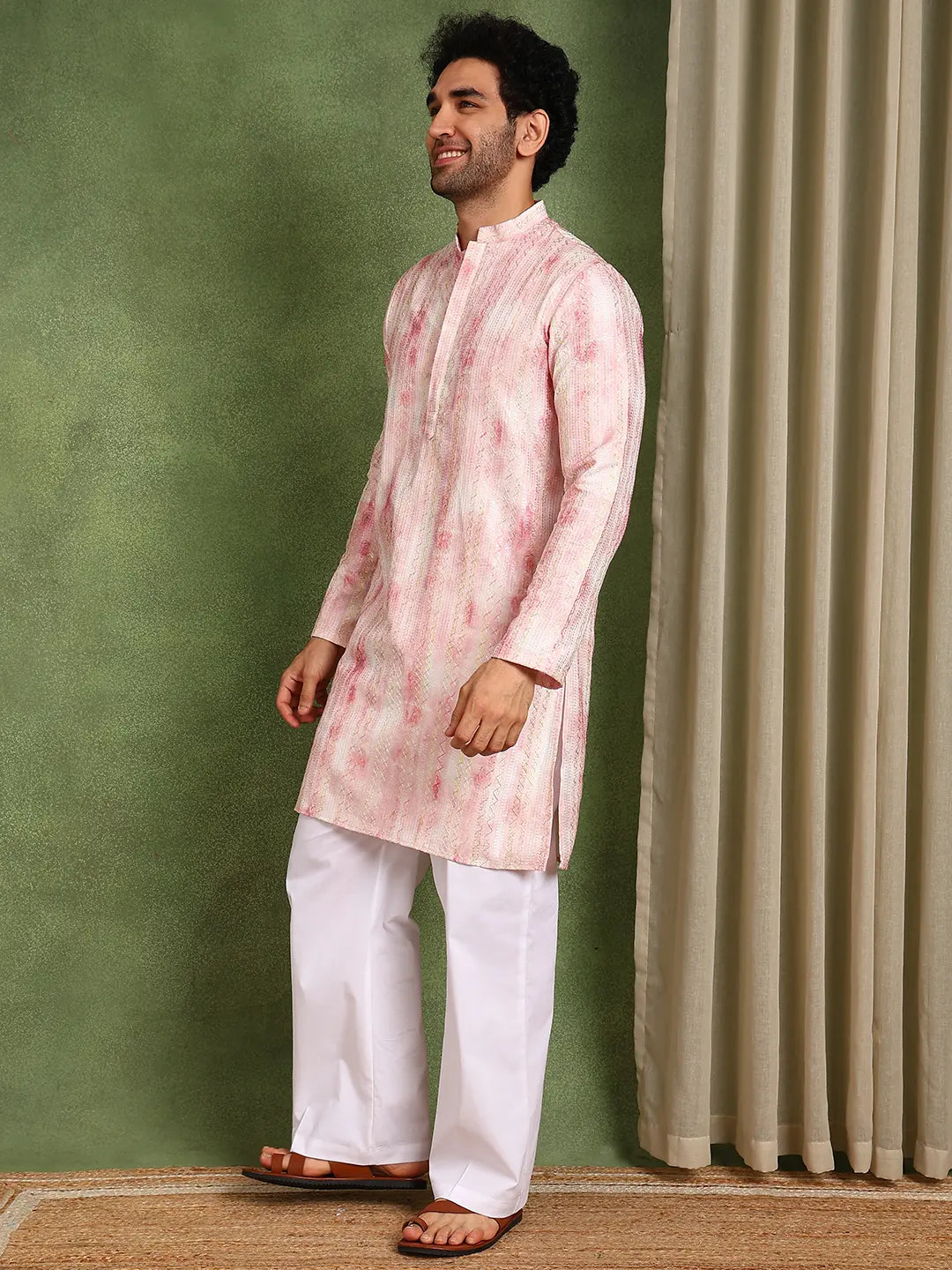 Men Pink Chanderi Silk Straight Printed Kurta