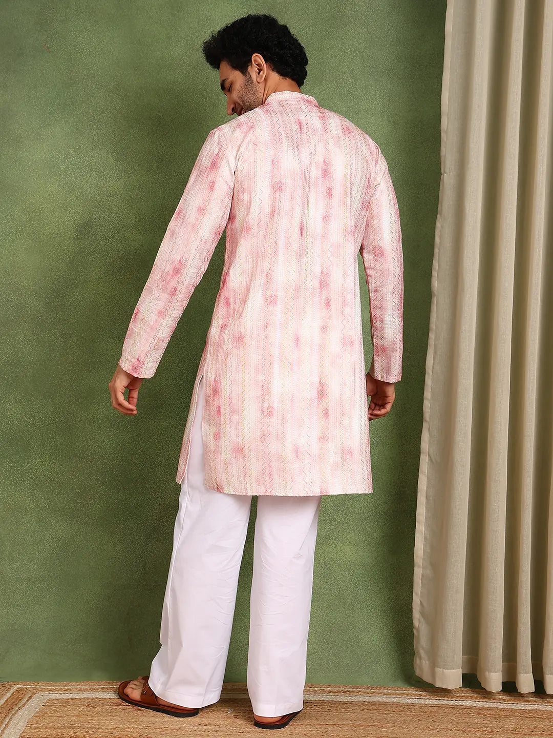 Men Pink Chanderi Silk Straight Printed Kurta