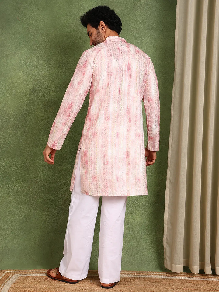 Men Pink Chanderi Silk Straight Printed Kurta