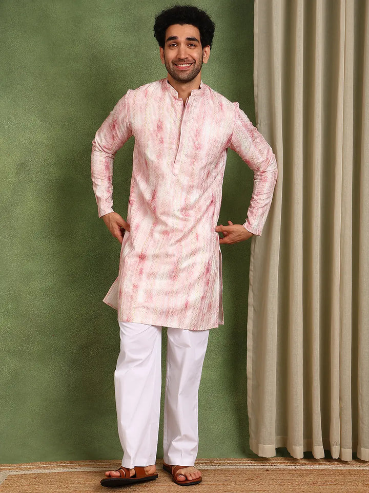 Men Pink Chanderi Silk Straight Printed Kurta