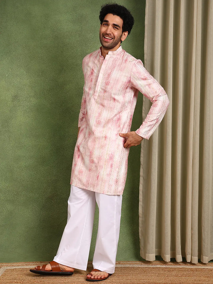 Men Pink Chanderi Silk Straight Printed Kurta With Pyjama