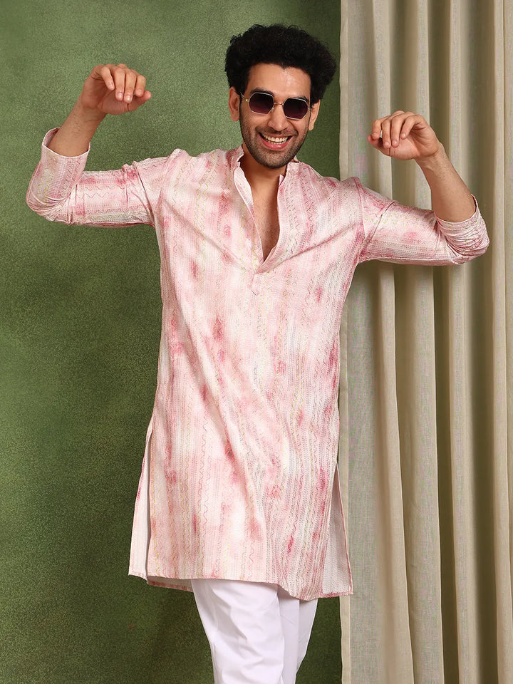 Men Pink Chanderi Silk Straight Printed Kurta