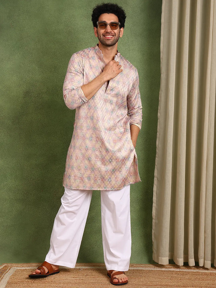 Men Pink Sequin Cotton Satin Straight Printed Kurta
