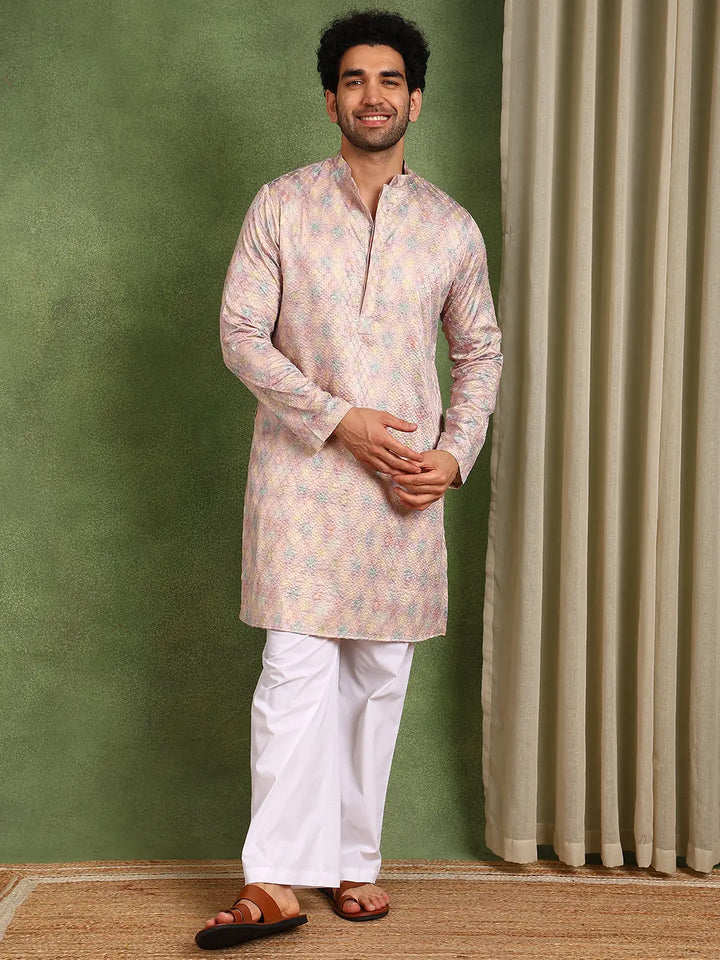 Men Pink Sequin Cotton Satin Straight Printed Kurta