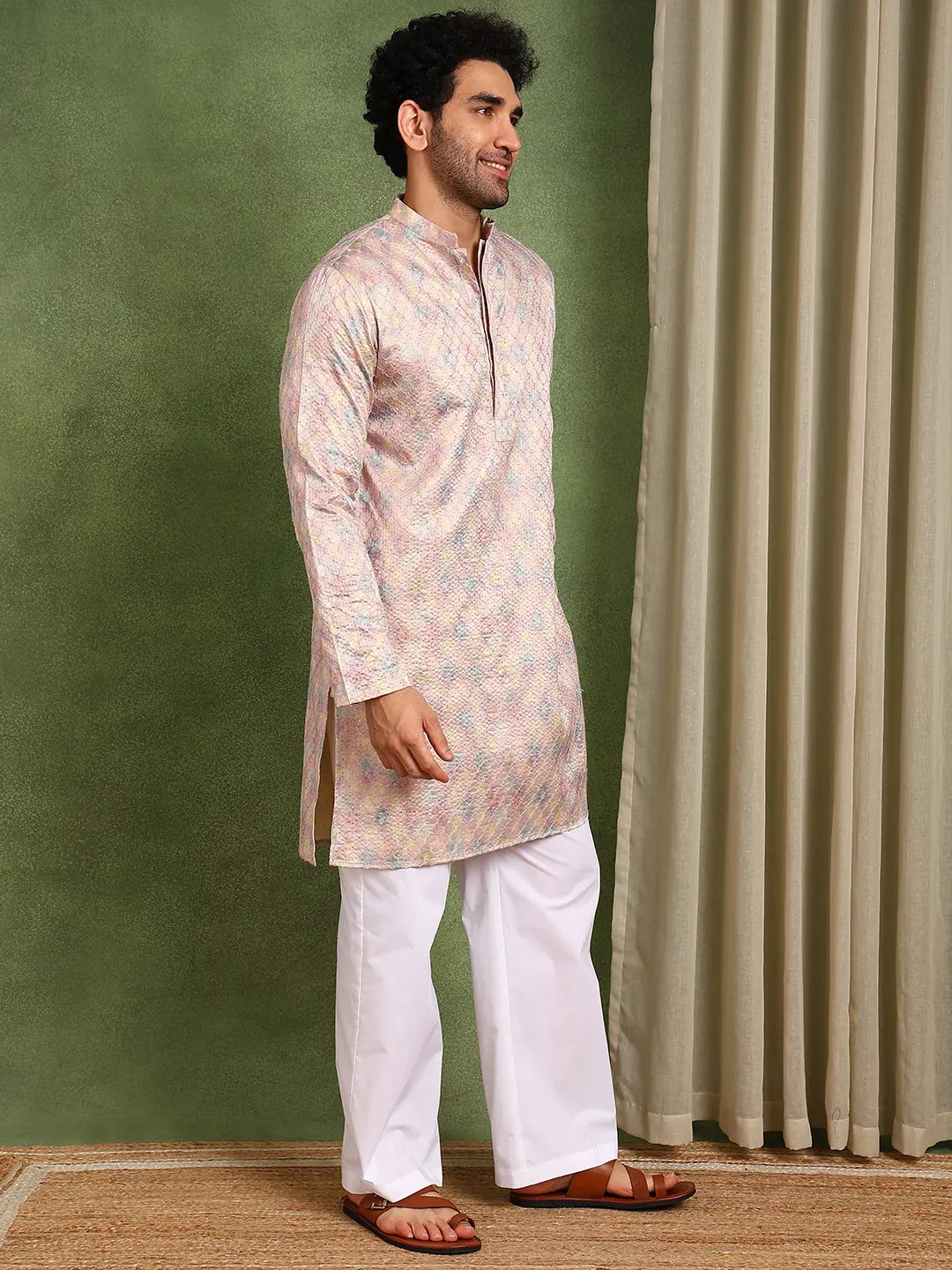 Men Pink Sequin Cotton Satin Straight Printed Kurta