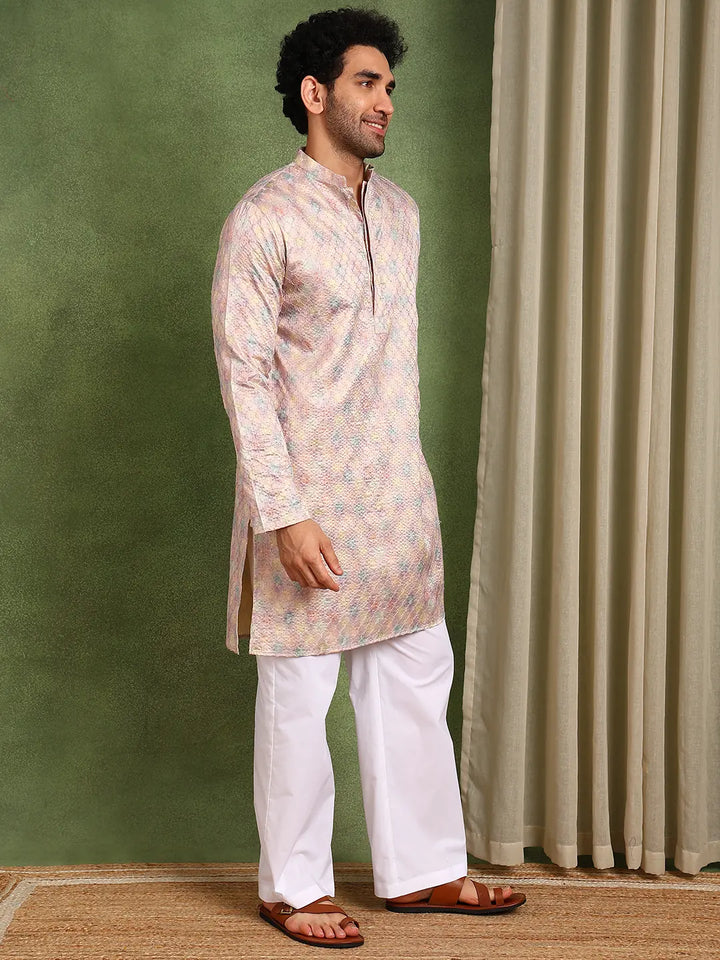 Men Pink Sequin Cotton Satin Straight Printed Kurta