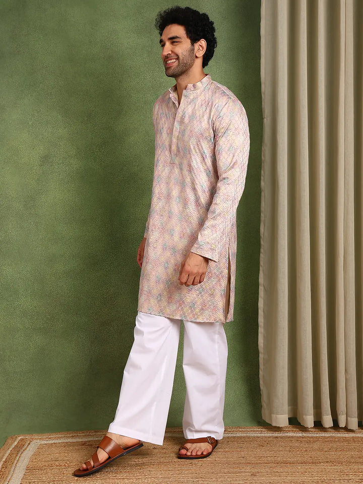 Men Pink Sequin Cotton Satin Straight Printed Kurta